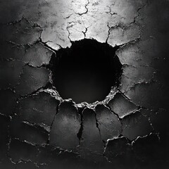 jagged circular hole in cracked weathered concrete wall with dark void, dramatic high-contrast texture conveying decay and ominous tension
