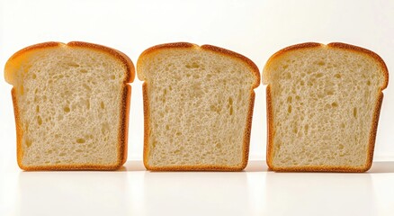 Three upright slices of white bread with golden crusts and soft airy crumb on a bright white background evoking calm minimalist comfort