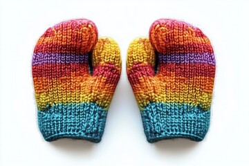 top view of a pair of colorful striped knitted mittens on white background conveying cozy cheerful warmth