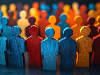 Multicolored wooden human-shaped figures arranged in rows on a dark surface, focused in front and evoking unity, diversity, and togetherness