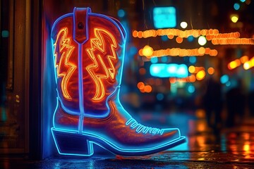Glowing neon cowboy boot with lightning bolt stitching in a storefront window, vibrant blue and orange lights reflecting on wet city street at night, lively nostalgic mood