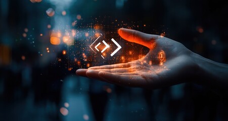 outstretched hand holding a glowing orange digital hologram of code, symbols, and particles above the palm, evoking wonder and technological empowerment