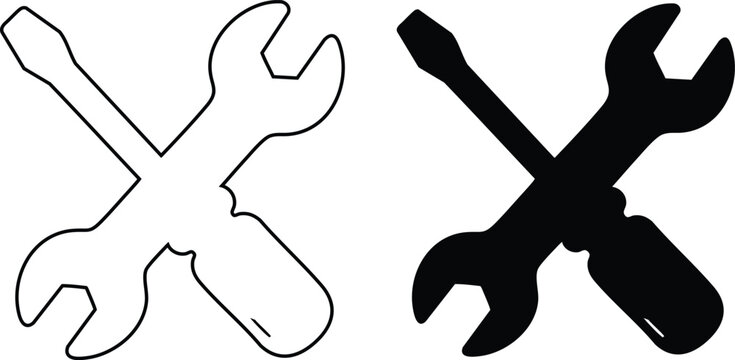 Hand drawn crossed wrench and screwdriver tools icon