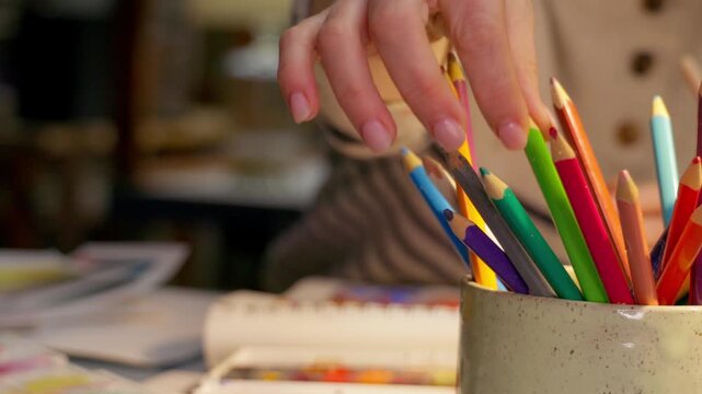 Woman choosing colored pencils from glass jar in cozy art studio, creative decision moment, preparation for drawing lesson, content creator planning art tutorial for blog