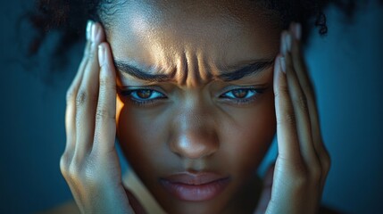 Close-up of hands pressing against temples with visible curly hair and cool blue lighting conveying tension and anxiety