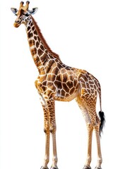 Obraz premium Tall giraffe standing on a white background showing long legs, patterned coat, tail tuft, ossicones, and a calm curious expression