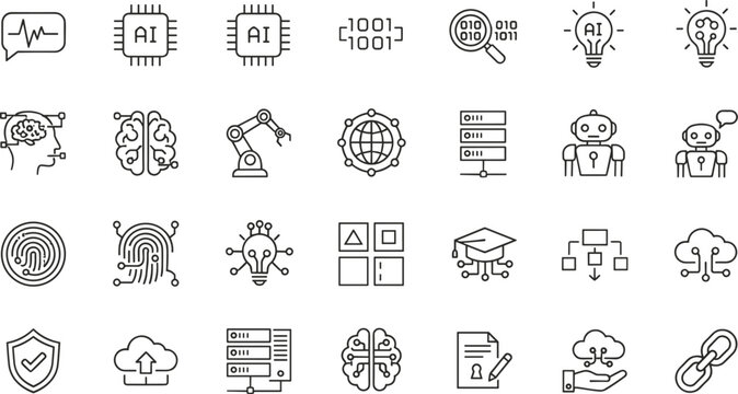 Artificial Intelligence Technology Line Icons Set Machine Learning Data Science Automation Cyber Security Vector Illustration Collection