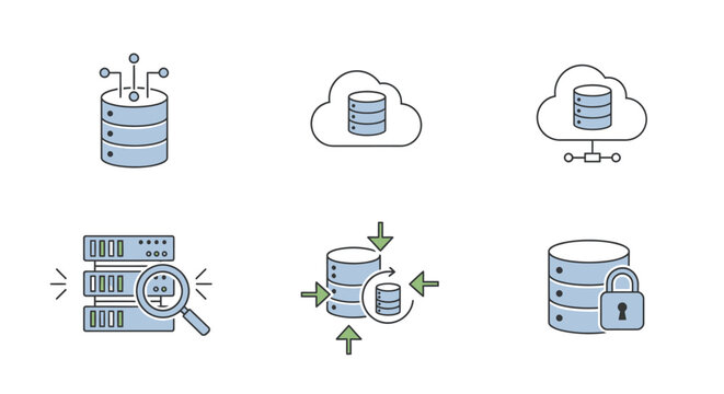 Database icons set for technology and data management.