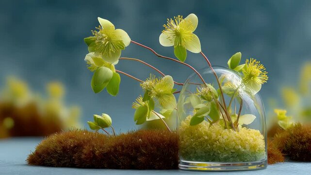 A botanical composition features hellebore flowers, moss, and a glass cloche