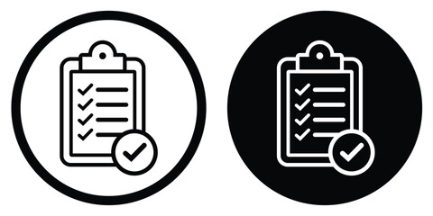 Professional clipboard with checkmarks vector icon. Set in circular frames with contrasting black and white styles. Suitable for business tasks, completed projects, and quality control. © bibin