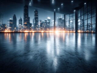 Obraz premium A futuristic cityscape at night featuring illuminated skyscrapers and a reflective floor.