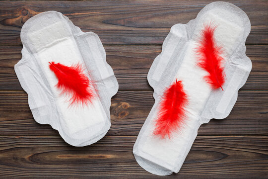 Women hygiene products or Sanitary pad with red feather on colored background. Pastel color. Closeup. Empty place for text. Female daily hygiene