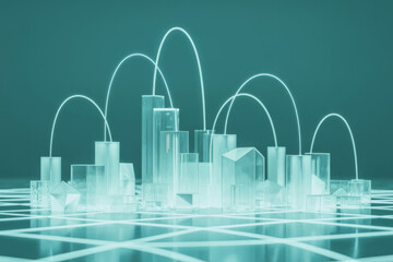 Smart city futuristic cityscape skyline network connection glowing transparent architecture model on grid floor, data arc linking tower, dreamlike digital concept for innovation and planning