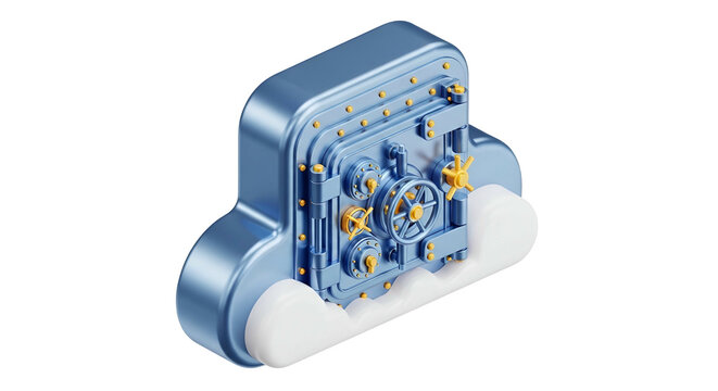 Isometric digital rendering of a cloud with a secure vault door
