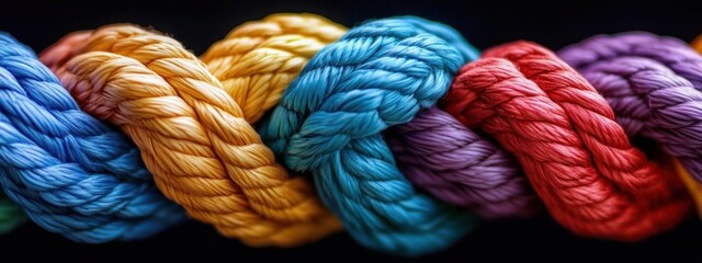 Close-up of intertwined multicolored braided ropes in vibrant blue yellow teal purple and red creating a textured pattern that evokes unity strength and energetic motion