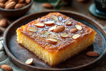 golden moist almond semolina cake square on a rustic wooden plate, topped with whole and sliced almonds and powdered sugar, warm inviting homemade dessert