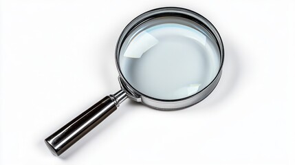 single handheld magnifying glass with black handle and metal rim on white background conveying curiosity and focused investigation