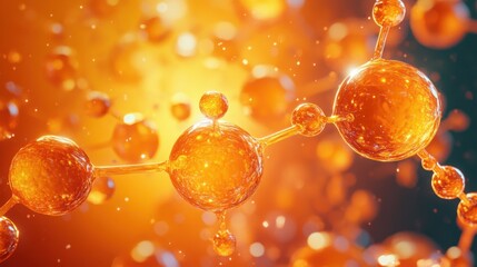 glowing amber molecular spheres connected by translucent rods, shimmering and energetic microscopic network