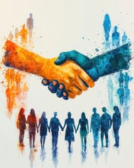 Two vibrant orange and blue hands shaking above a row of silhouetted people holding hands, watercolor splatter illustration conveying unity, trust and hopeful cooperation