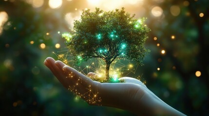 Hand gently cradling a glowing miniature tree with bioluminescent lights and golden network particles, evoking wonder, hope, and nurturing connection to nature