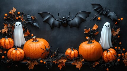 playful spooky halloween display with bright orange pumpkins, two white ghost figurines, black wall bats, large spiders, dried autumn leaves and orange berries on a dark textured background