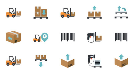 Logistics and Shipping Icons Set Forklift Boxes Barcode.