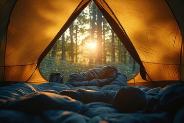 warm sunrise seen from inside a tent with a rumpled sleeping bag and a camera facing a sunlit forest, cozy peaceful morning adventure