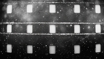 black and white close-up of a weathered perforated film strip with square sprocket holes, dust and scratches conveying a nostalgic, moody vintage texture