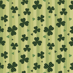 Seamless St. Patrick's Day shamrock pattern with green plaid clovers and vertical stripes. Ideal for Irish holiday backgrounds, lucky clover wallpaper, festive gift wrap, and spring fabric designs.