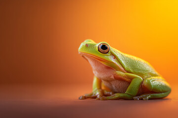 Obraz premium Vibrant green frog sitting on warm orange background looking alert