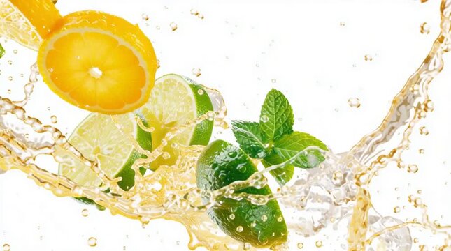 Fresh lime and citrus fruit slices splashing into cold liquid with water drops and ice for a healthy fresh drink isolated on white