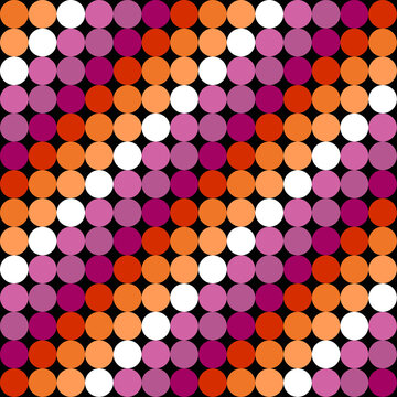 Lesbian pride flag abstract background with colorful dots and circles. Vibrant sunset pride month pattern for LGBTQ+ community celebration and diversity design.