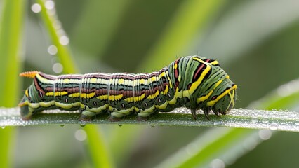 Colorful Caterpillar Crawling on a Dew-Kissed Leaf