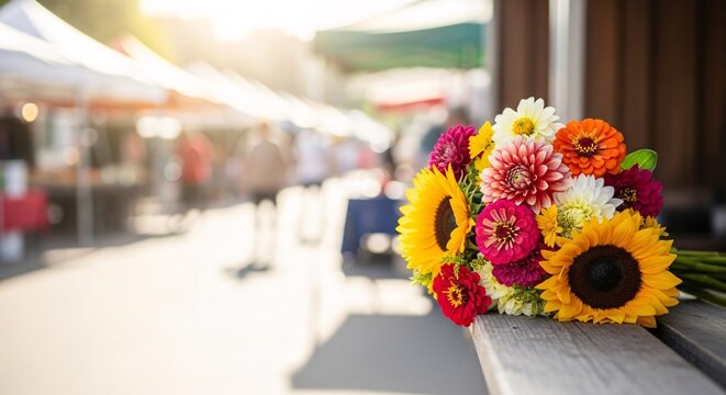 Bouquet of fresh flowers on wooden stall woth outdoor seasonal market tents