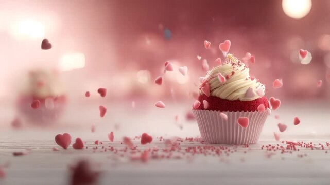 A red velvet cupcake with cream icing and heart-shaped sprinkles, surrounded by floating hearts