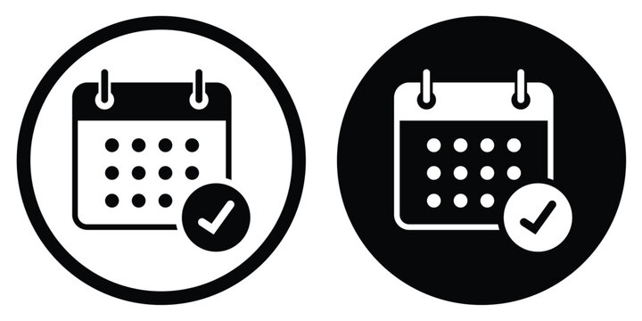Calendar vector icon with a confirmed checkmark symbol. Set in black and white circular frames. Suitable for verified dates, completed appointments, and successful project scheduling.