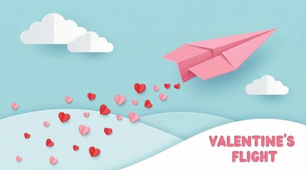 Valentine's Day Flight of Love: A delicate pink paper airplane soars gracefully through the sky, trailing a cascade of heart-shaped confetti, symbolizing love, romance, and the journey of affection.