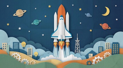 Cosmic Launch: A vibrant illustration depicts a rocket ship soaring into the cosmos, leaving a trail of fire as it ascends past planets, stars, and a crescent moon.