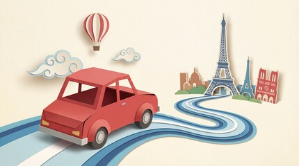 Dream Trip to Paris: A vibrant red car embarks on a journey along a whimsical road to Paris, featuring iconic landmarks and a hot air balloon, evoking the spirit of travel and adventure.