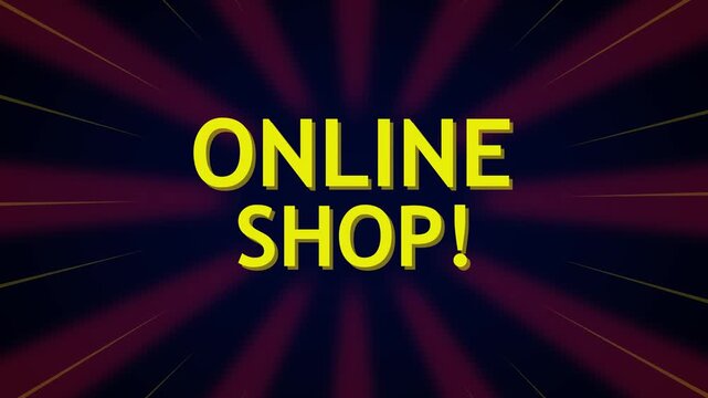 Bold yellow text reading 'online shop!' centered on dark radial burst background with red rays and navy blue center