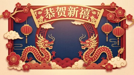 Chinese New Year Decoration: A vibrant and festive scene celebrating the Lunar New Year with intricate paper-cut dragon motifs, lanterns, and auspicious symbols, embodying tradition and fortune.
