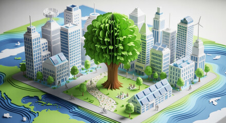 Sustainable City Concept: A conceptual depiction of a city designed with sustainability in mind, featuring eco-friendly architecture and renewable energy sources.