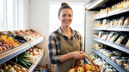 Fresh Market: A vibrant market scene showcasing a cheerful individual in a food store with a basket overflowing with fresh produce, set against shelves filled with grocery products