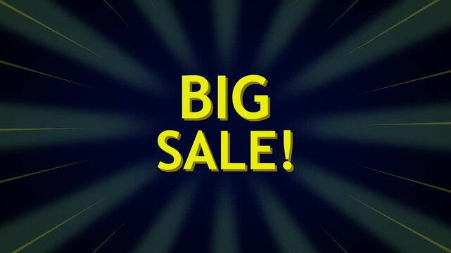 Bold yellow 'big sale!' text centered on dark radial burst background, high-contrast promotional graphic