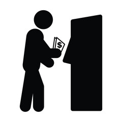 Cash Withdrawal ATM Icon &ndash; Money Transaction Human Symbol Human figure withdrawing cash from ATM machine. Represents money withdrawal