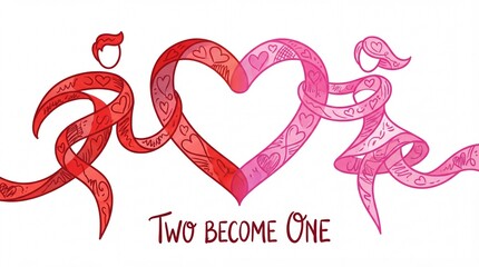 Love's Embrace: Two figures united by ribbons forming a heart, symbolizing the beauty of love and togetherness, a testament to the journey of two souls intertwining as one.