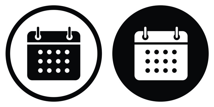 Minimalist calendar vector icon in circular frames. Featuring a clean flip-style organizer symbol in both outline and solid black versions. Perfect for scheduling, dates, and planning UI.