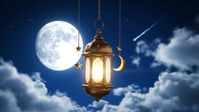 A golden lantern hangs against a night sky with moon, stars, and clouds