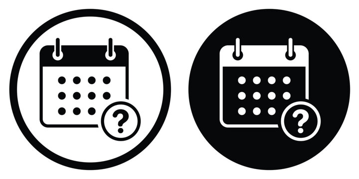 Calendar icon with a question mark symbol. Vector graphic representing unknown dates, pending schedules, tentative appointments, or inquiry for event planning in circular frames.