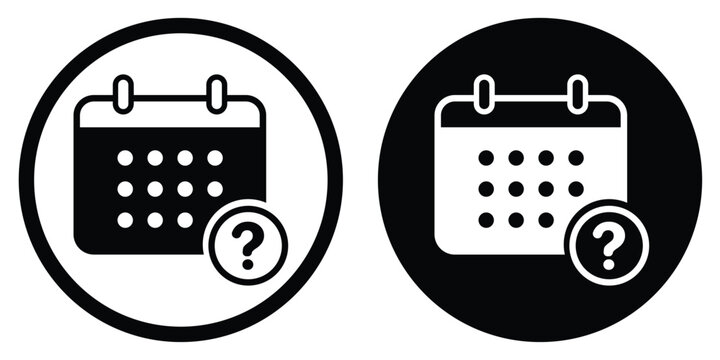 Calendar icon with a question mark symbol. Vector graphic representing unknown dates, pending schedules, tentative appointments, or inquiry for event planning in circular frames.